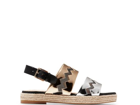 Cole Haan Emilia Espadrilles Sandal Black Leather Gold Silver For Sale