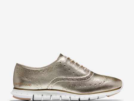 Cole Haan ZERØGRAND Wing Oxford Closed Hole Soft Gold Metallic Leather Optic White For Cheap